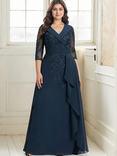 Robe de mère de la mariée en dentelle et chiffon, coupe A, col V avec col, longueur au sol, sequins et volants en cascade