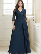 Robe de mère de la mariée en dentelle et chiffon, coupe A, col V avec col, longueur au sol, sequins et volants en cascade