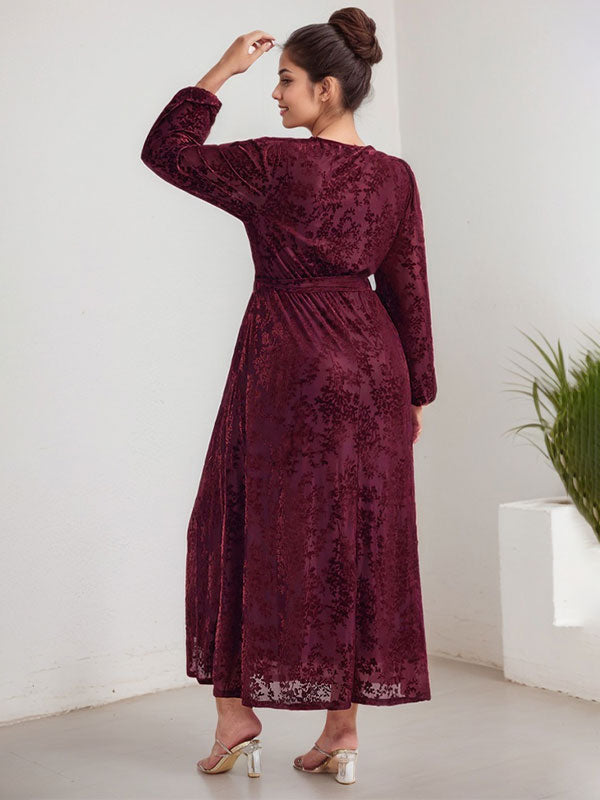 A-Linien V-Ausschnitt langärmliges Samt Tee-Länge Kleid für die Brautmutter mit Schlitz