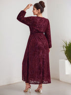 A-Linien V-Ausschnitt langärmliges Samt Tee-Länge Kleid für die Brautmutter mit Schlitz