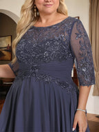 A-Linien Ausschnitt Illusions-Bodenlanges Chiffon-Spitzenkleid für die Mutter der Braut mit plissierten Pailletten