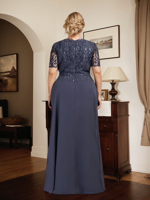 Vestido de encaje y gasa para madre de la novia, línea A, escote redondo, largo hasta el suelo con lentejuelas