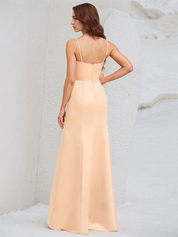 A Line Peach Pink Satin Spaghetti Straps Sleeveless Floor Length Dress With Bow