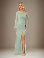 Salbeigrünes Etuikleid/Säulenkleid Chiffon Ein-Schulter Langarm Bodenlanges Kleid mit Schlitz