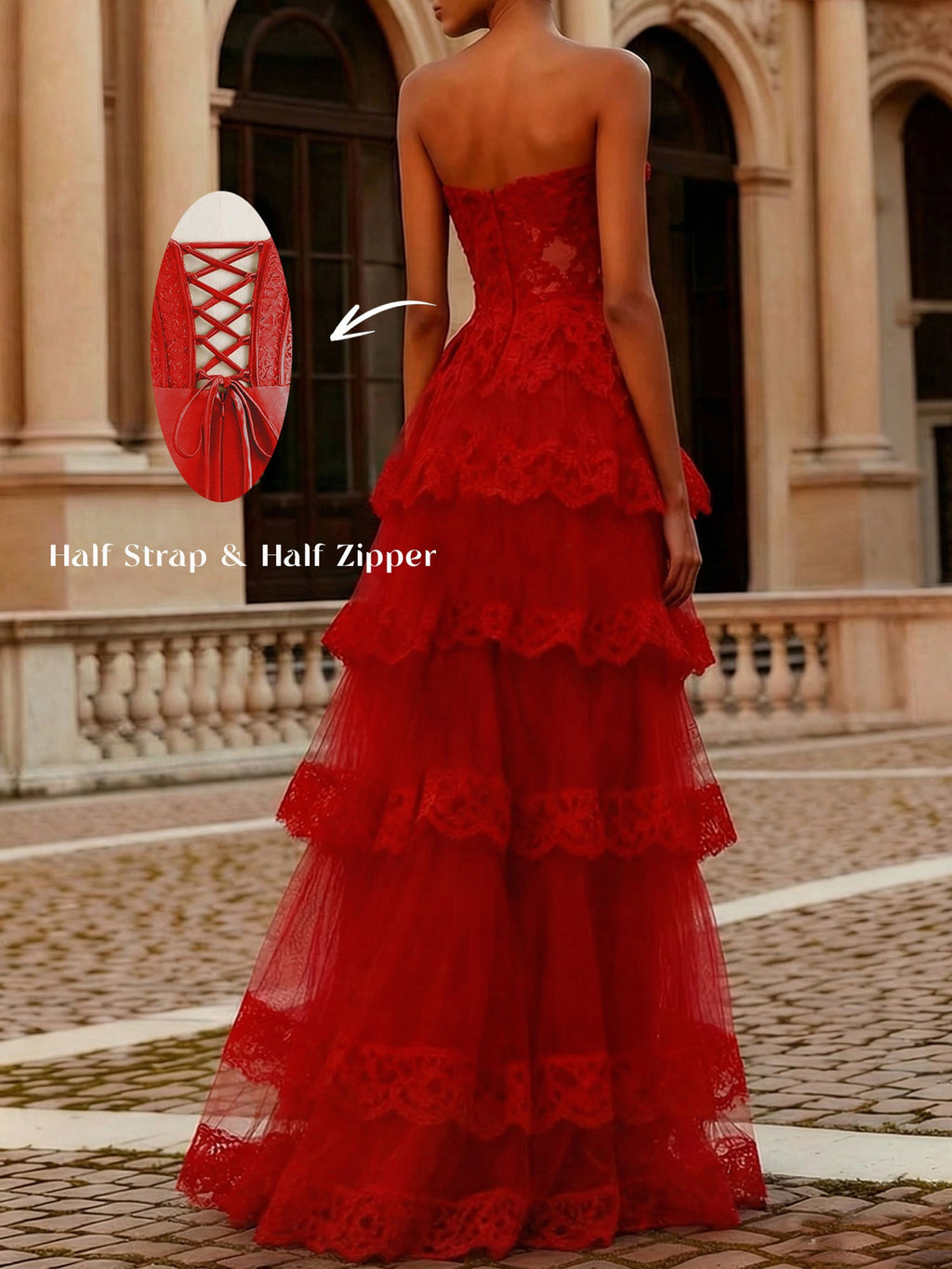 Vestido longo de baile tomara que caia com corpete de renda em camadas e saia de tule vermelha corte evasê