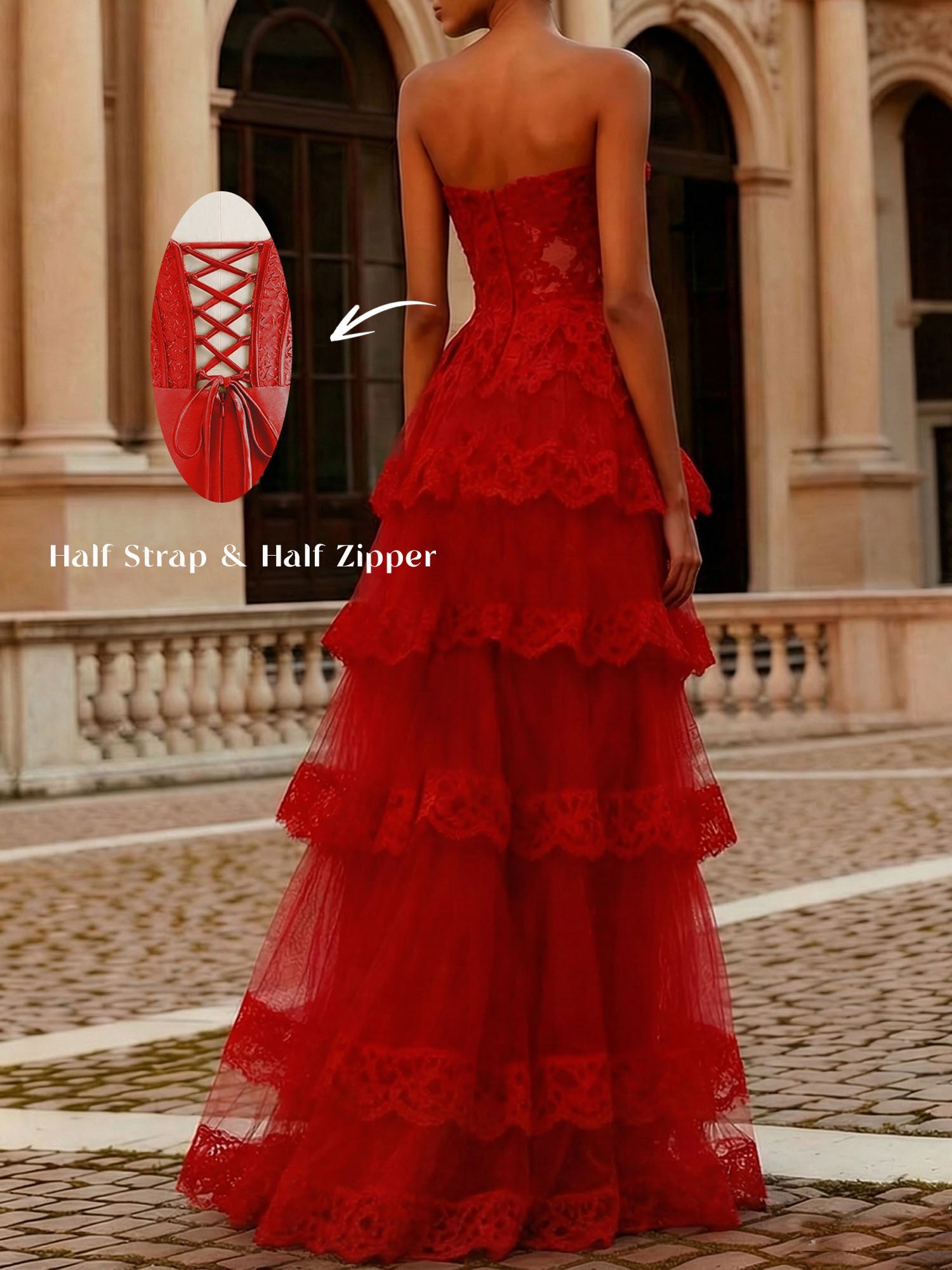 Vestido longo de baile tomara que caia com corpete de renda em camadas e saia de tule vermelha corte evasê