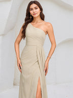 Ivory A Line Chiffon One Shoulder Sleeveless Floor Length Dress With High Slit