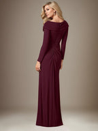 Cabernet Satin Asymmetrical Neck Long Sleeves Floor Length Dress With 3D Flower