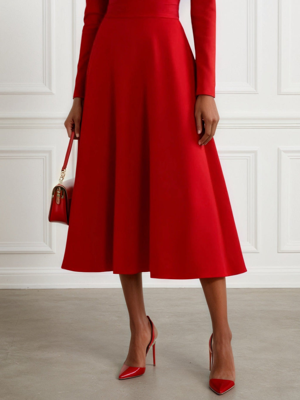 Robe midi classique rouge asymétrique à manches longues ligne A