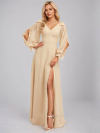 Champagne A-Line V-Neck Floor-Length Chiffon Bridesmaid Dress With Bow