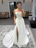 Strapless Lace Corset High Slit A-Line Wedding Dress