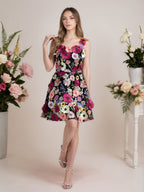 Vestido corto mini de fiesta línea A púrpura con flores 3D