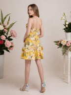 Vestido corto mini de fiesta línea A púrpura con flores 3D