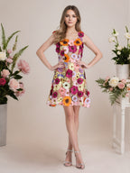 Vestido corto mini de fiesta línea A púrpura con flores 3D