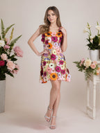 Vestido corto mini de fiesta línea A púrpura con flores 3D