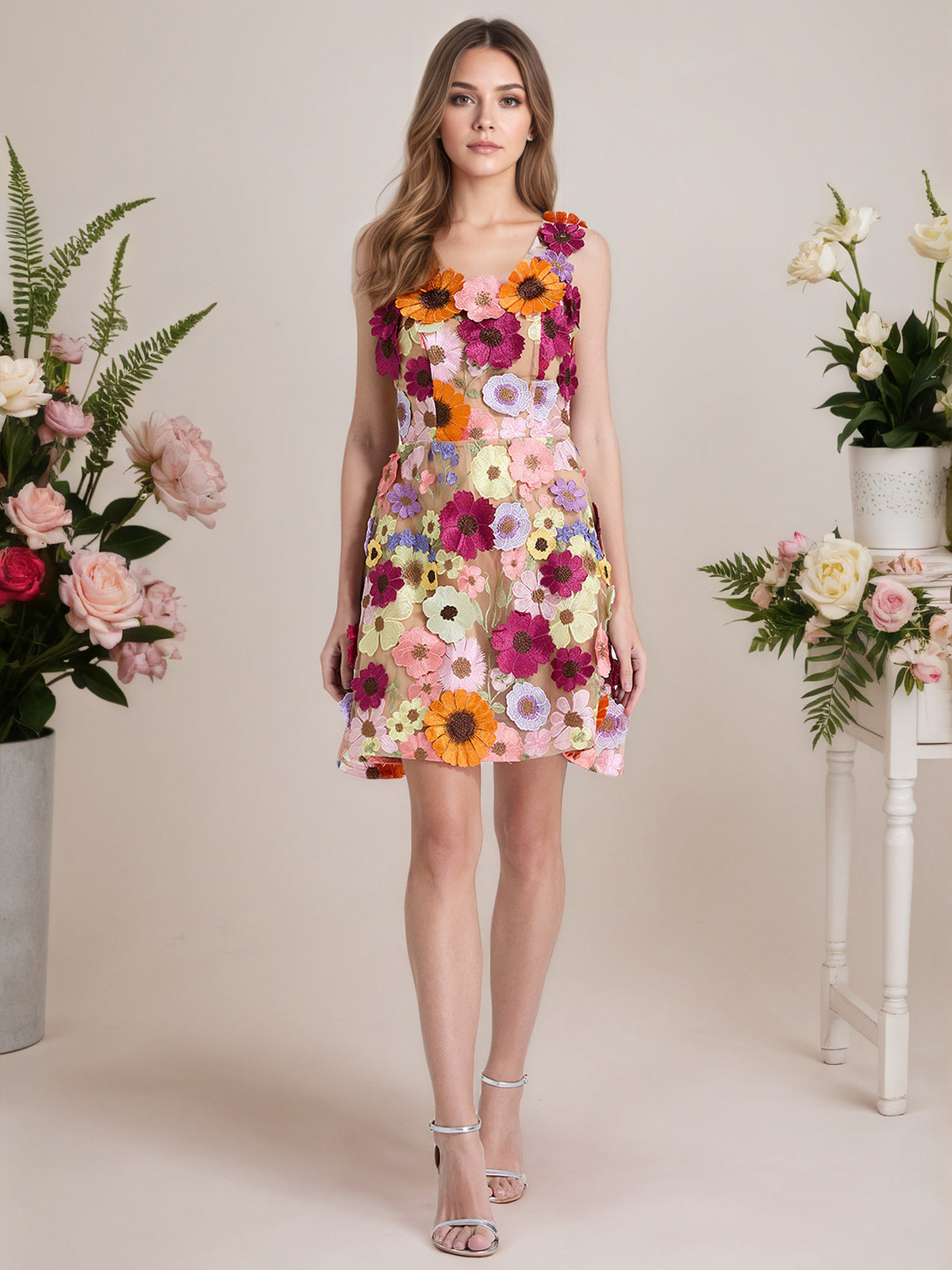 A-Linien 3D-Blumen kurzes lila Abschlussball-Minikleid
