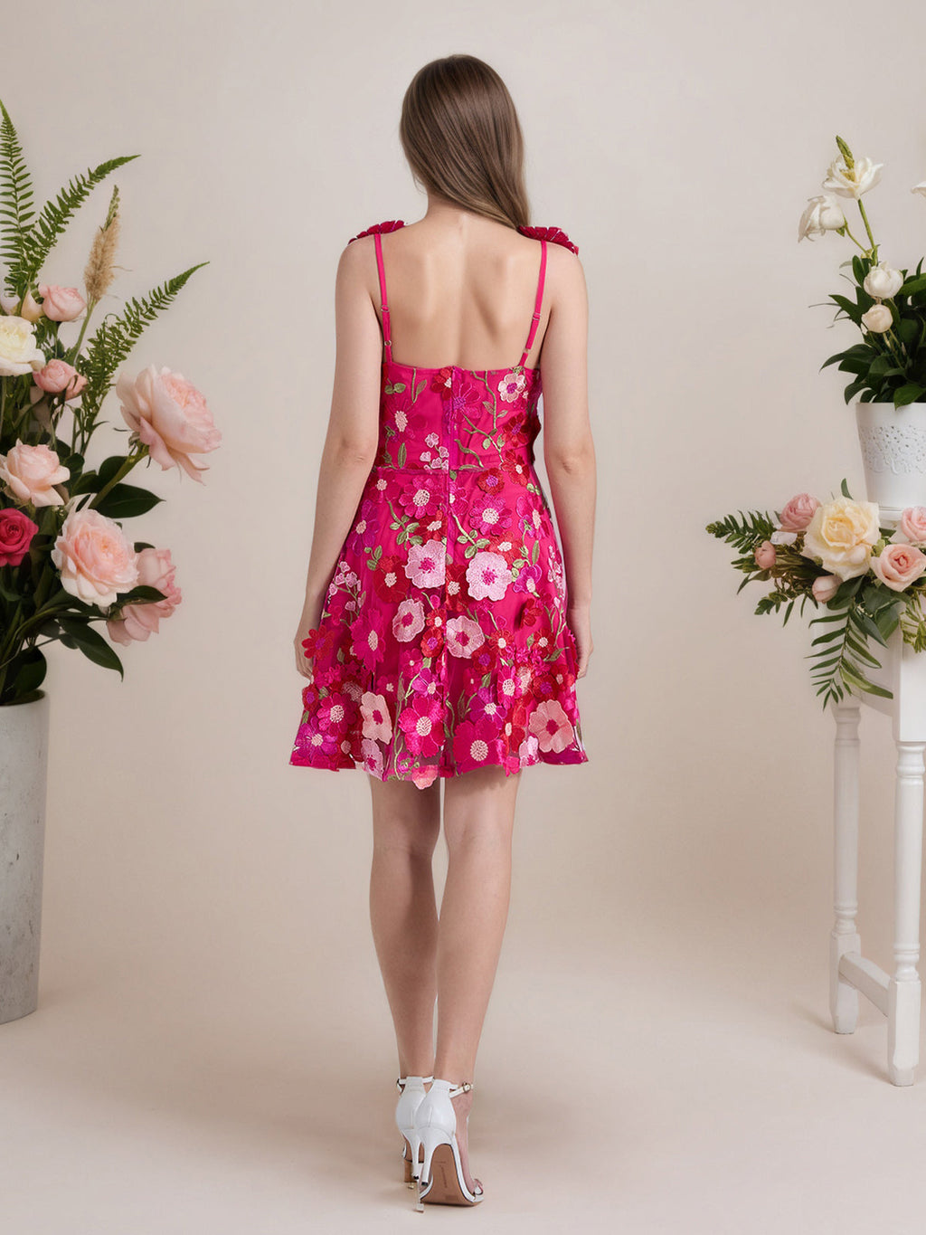 Vestido corto mini de fiesta línea A púrpura con flores 3D