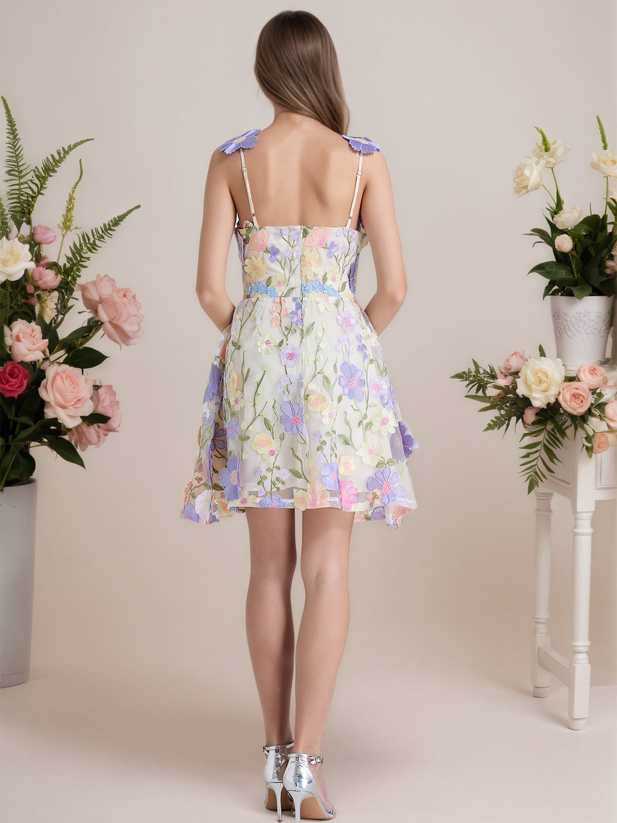 Vestido corto mini de fiesta línea A púrpura con flores 3D