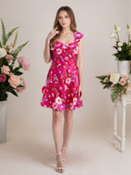 Vestido corto mini de fiesta línea A púrpura con flores 3D