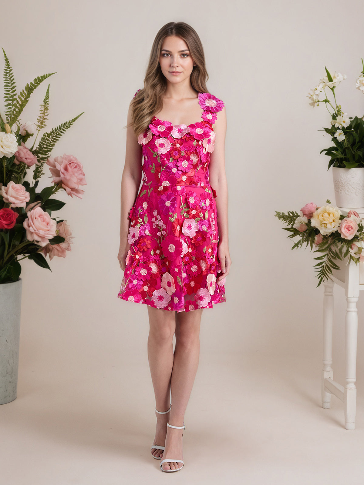 Vestido corto mini de fiesta línea A púrpura con flores 3D