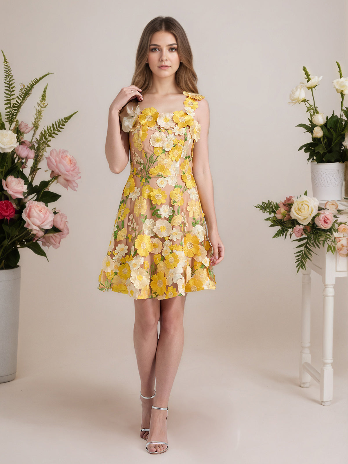 Vestido corto mini de fiesta línea A púrpura con flores 3D