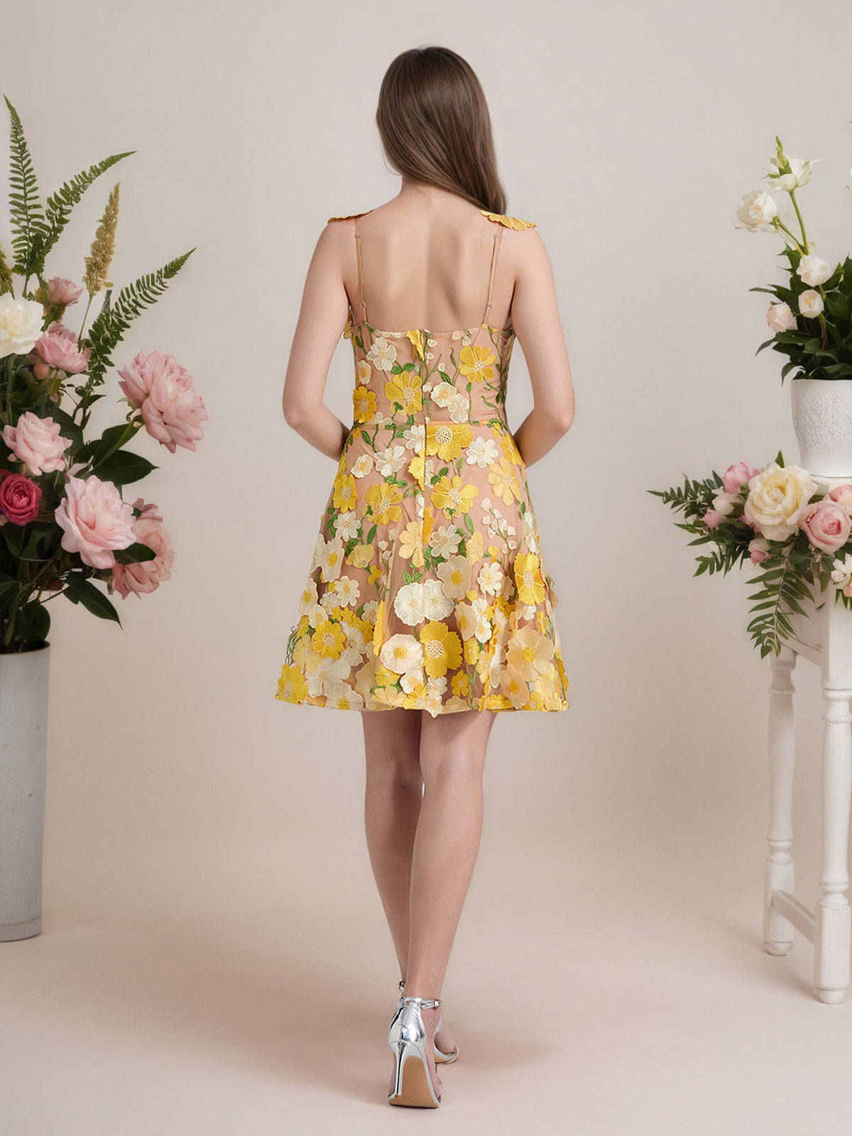 Vestido corto mini de fiesta línea A púrpura con flores 3D