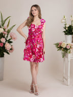 Vestido corto mini de fiesta línea A púrpura con flores 3D