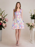 Vestido corto mini de fiesta línea A púrpura con flores 3D
