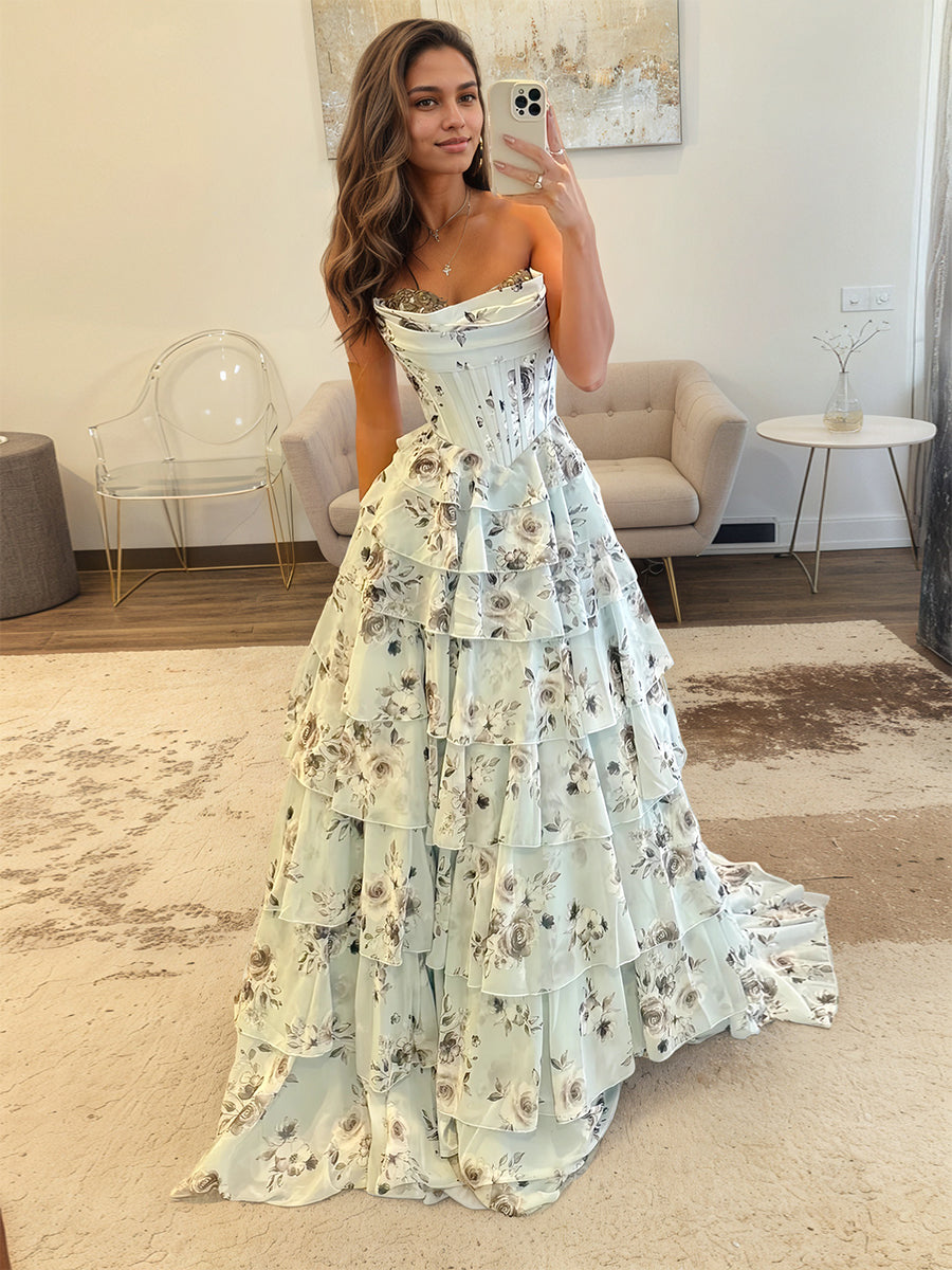 A-Linien florales Herzausschnitt Kleid mit Strasssteinen, langes Ballkleid