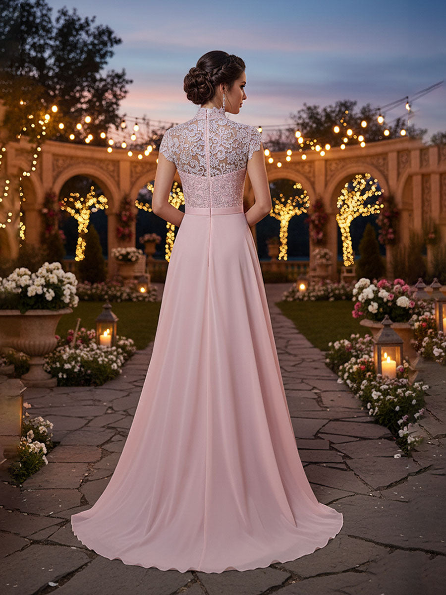 A-Linien Kleid mit hohem Kragen, bodenlang, aus Spitze und Chiffon, formelles Brautjungfernkleid