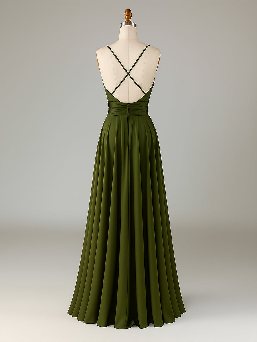 Vestido longo de madrinha sem mangas em linha A