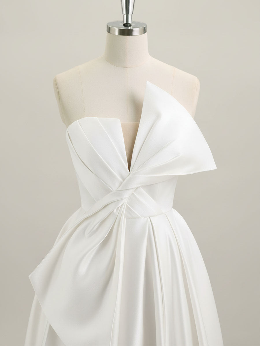 A-Line Strapless Floor-Length Satin Prom Dress with Bow