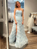 Glitter Light Blue A-Line Strapless Tulle Long Prom Dress with Ruffled Skirt