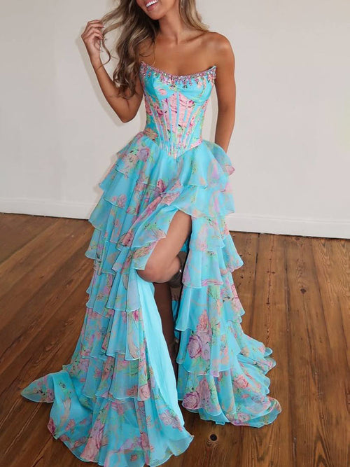 Robe de bal longue sans bretelles, ligne A, imprimée, à volants superposés