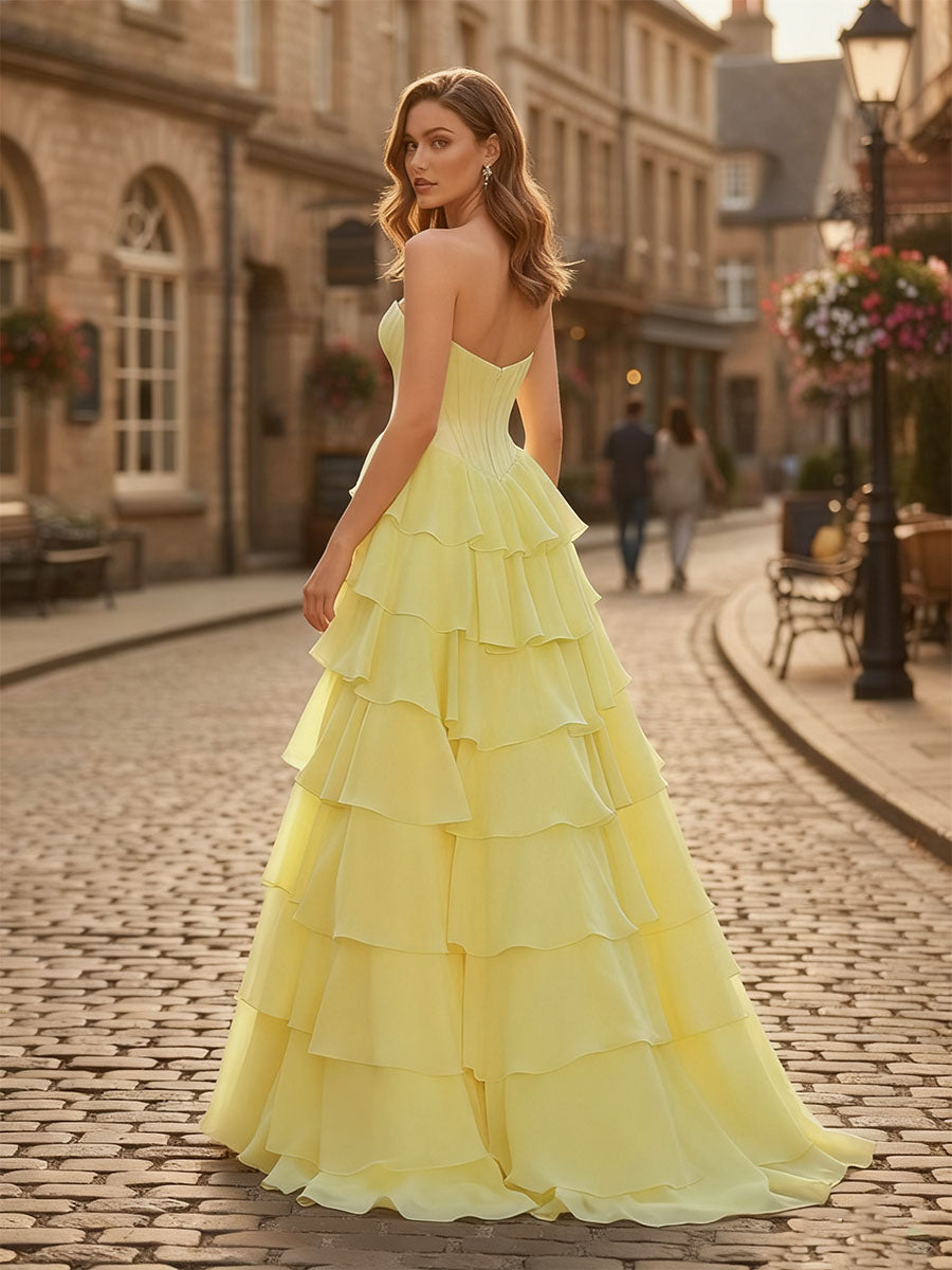 Robe de bal en mousseline en ligne A, bustier cœur, corset avec volants en cascade