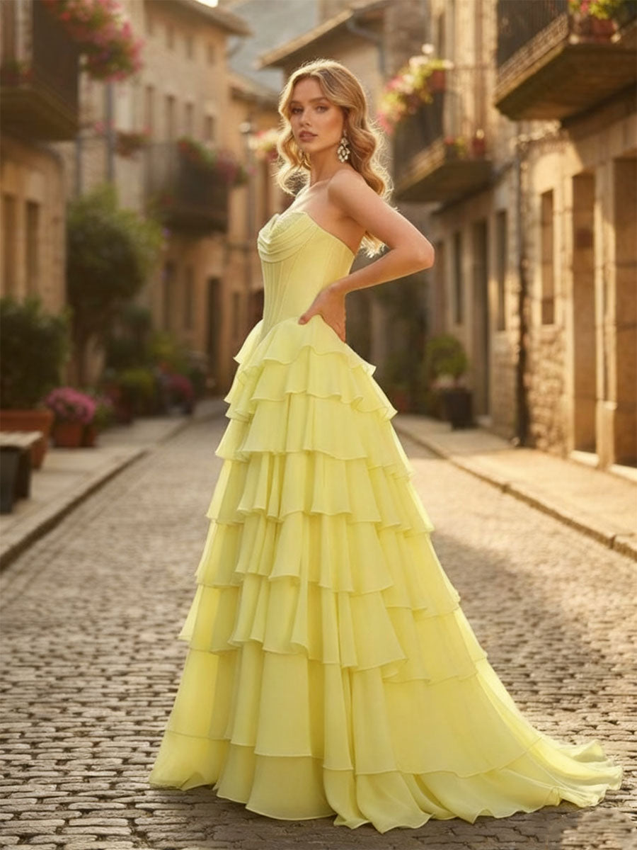 Robe de bal en mousseline en ligne A, bustier cœur, corset avec volants en cascade