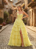 Robe de bal en mousseline en ligne A, bustier cœur, corset avec volants en cascade