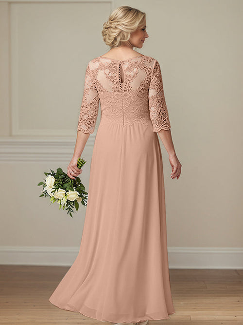Vestidos para madre de la novia línea A con escote ilusión, mangas 1/2, gasa y apliques de encaje