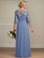 A-Linien Kleid mit Illusions-Ausschnitt, 2/3-Ärmeln aus Chiffon, Brautmutterkleid mit Spitzen-Applikationen