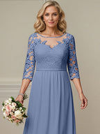 A-Linien Kleid mit Illusions-Ausschnitt, 2/3-Ärmeln aus Chiffon, Brautmutterkleid mit Spitzen-Applikationen