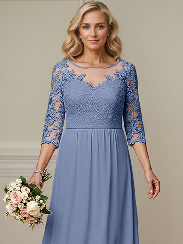 A-Linien Kleid mit Illusions-Ausschnitt, 2/3-Ärmeln aus Chiffon, Brautmutterkleid mit Spitzen-Applikationen