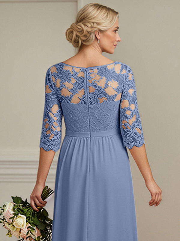 A-Linien Kleid mit Illusions-Ausschnitt, 2/3-Ärmeln aus Chiffon, Brautmutterkleid mit Spitzen-Applikationen
