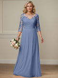 A-Linien Kleid mit Illusions-Ausschnitt, 2/3-Ärmeln aus Chiffon, Brautmutterkleid mit Spitzen-Applikationen