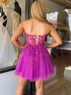A-Line Strapless Lace Up Short Tulle Homecoming Dress with Appliques