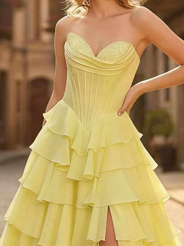 Robe de bal en mousseline en ligne A, bustier cœur, corset avec volants en cascade