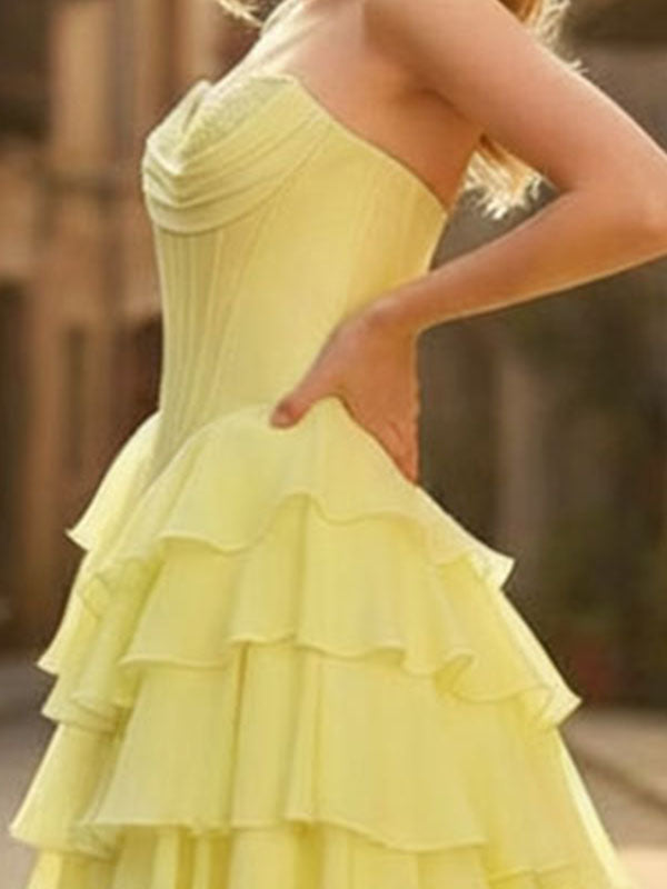 Robe de bal en mousseline en ligne A, bustier cœur, corset avec volants en cascade