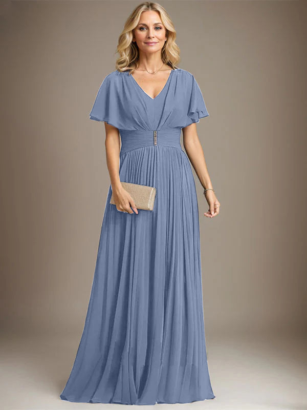 A-Linien V-Ausschnitt Bodenlanges Chiffon Brautmutterkleid mit Kristallbrosche und Plisseefalten