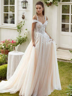 Off the Shoulder Wedding Dresses for Women Boho Applique A Line Ball Gown