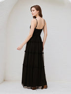 A Line Black Chiffon V-Neck Sleeveless Floor Length Dress