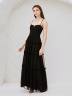 A Line Black Chiffon V-Neck Sleeveless Floor Length Dress